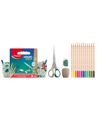 Trousse garnie SMILING PLANET (16 pièces) - (1 Trousse + 1 Taille crayon + 1 gomme + 1 ciseaux Shape 16cm + 12 crayons de coule