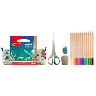 Trousse garnie SMILING PLANET (16 pièces) - (1 Trousse + 1 Taille crayon + 1 gomme + 1 ciseaux Shape 16cm + 12 crayons de coule